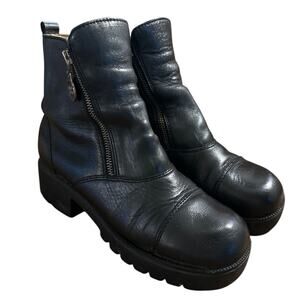 Women 8.5 Double H Double-H Leather Boots Motorcycle Combat Zip Heeled Black